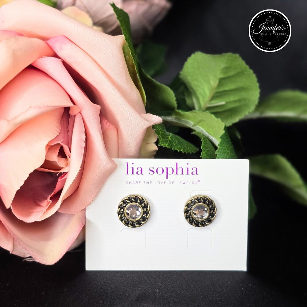 Lia Sophia NWT "Chain/Button" Antique Gold Tone with Cut Crystal Stud Earrings